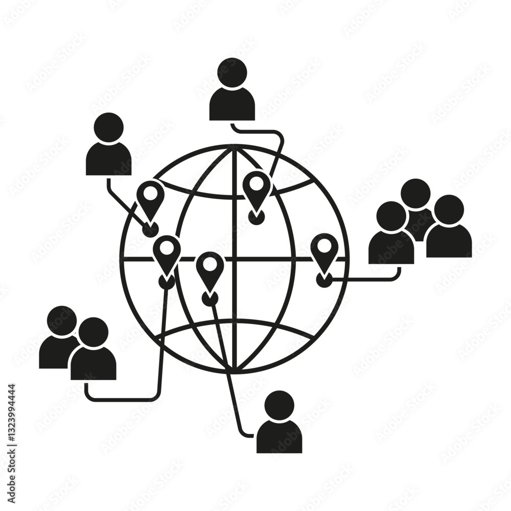 Poster global network icon. worldwide connection vector. people location system. digital map symbol.