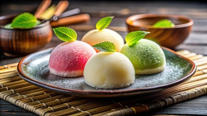 Night's embrace reveals creamy vanilla coconut mochi ice cream, a delightful Asian dessert.