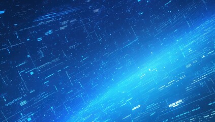 Dynamic blue abstract grid background with glowing hexagonal patterns and holographic data streams. Futuristic technology concept for AI presentations, virtual reality environments, or cybernetic inte