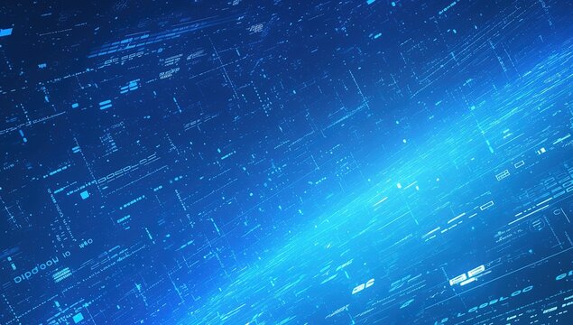 Dynamic blue abstract grid background with glowing hexagonal patterns and holographic data streams. Futuristic technology concept for AI presentations, virtual reality environments, or cybernetic inte