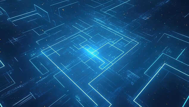 Futuristic blue digital grid with glowing light particles and holographic circuit patterns on dark backdrop. Cyber technology background for UI/UX design, VR projects, or cybersecurity presentations. 