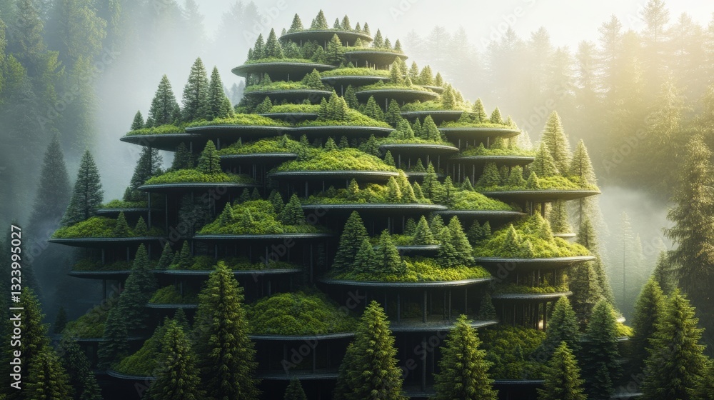 Aufkleber a forest where the trees are stacked on top of each other in an impossible, cascading pattern