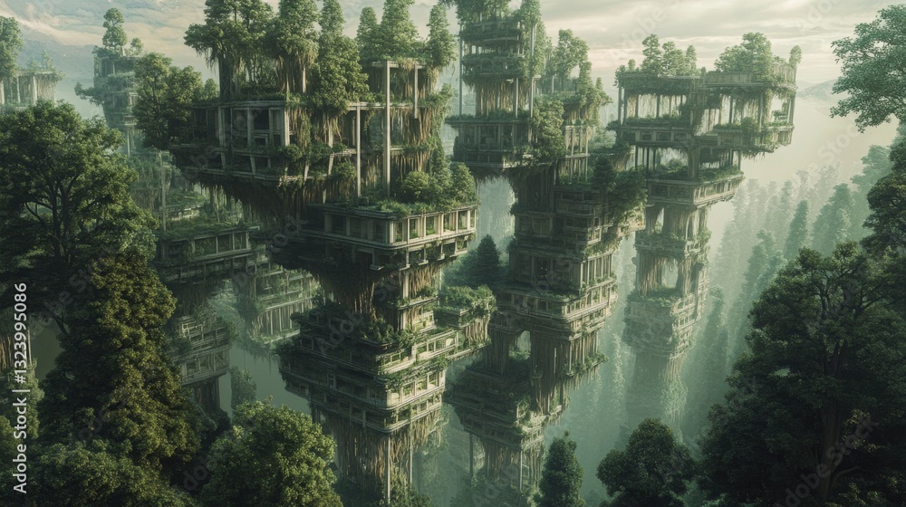 Aufkleber a forest where the trees are stacked on top of each other in an impossible, cascading pattern
