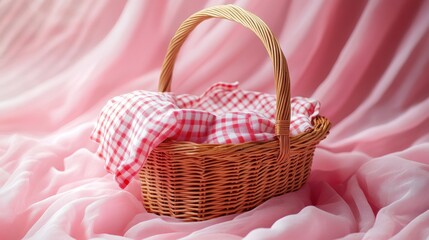 A charming wicker picnic basket, draped in a checkered blanket of crimson and white, nestled against a backdrop of vibrant pink, ready to host a delightful al fresco meal amidst a sea of pastel hues.