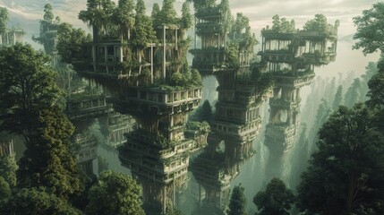 A forest where the trees are stacked on top of each other in an impossible, cascading pattern