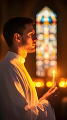 Candlelit Reflection: A solitary figure, illuminated by the warm glow of a candle, finds solace within the sacred confines of a church, the colorful stained glass window softly illuminating the scene.