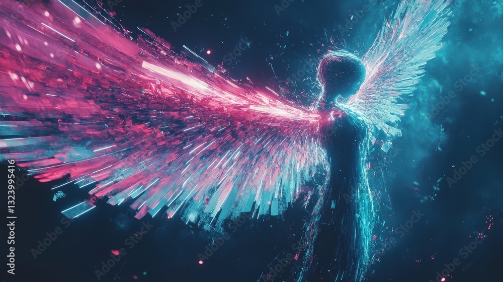 Aufkleber a glitching cyber angel with fragmented wings dissolving into digital shards of light