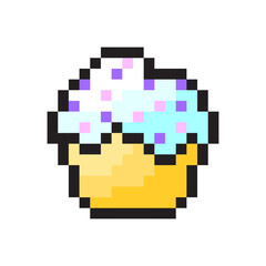 Cupcake vector icon. Pixel art style. Blue frosting sprinkles. Golden base detail.