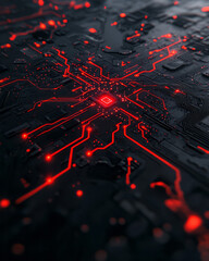 A contemporary digital scene highlighting luminous neon circuitry dynamically interconnected into a