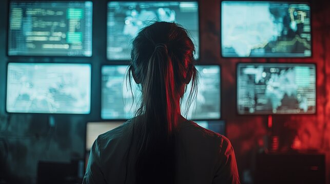 A woman in a cyber operations center, intently analyzing digital data across multiple screens, with map visualizations, embodying the concept of cyber security expertise