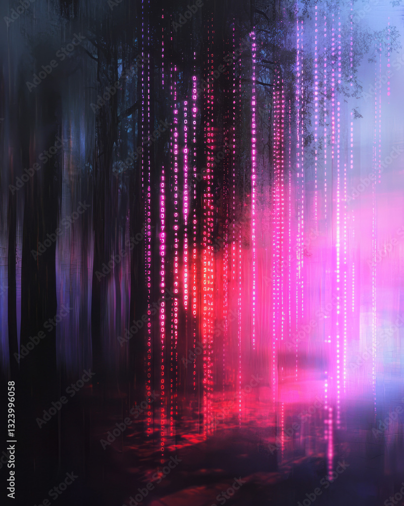 Poster energetic digital collage blending streams of luminous binary code with vibrant neon overlays,