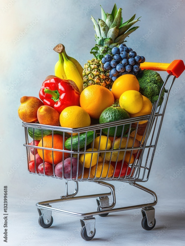 Aufkleber Shopping cart filled with fresh fruits and vegetables creates a vibrant display of colors and textures in a minimalistic setting