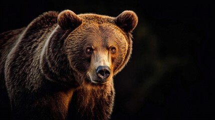 Majestic brown bear gazes intently with its golden eyes, set against a dark, natural backdrop.