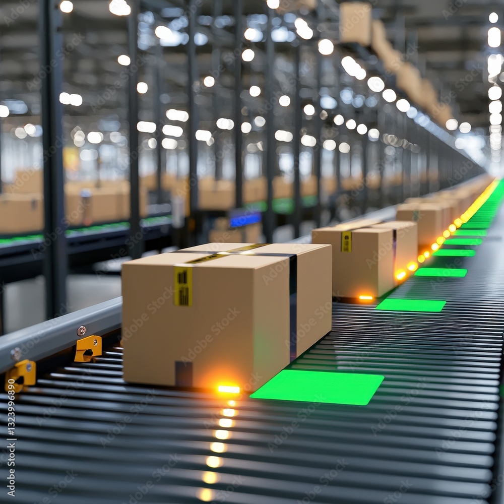 Poster an ai-driven conveyor belt sorting packages with glowing destination tags.