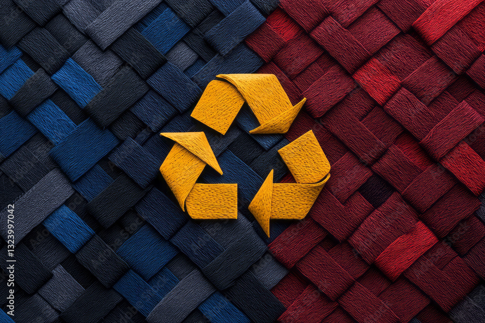 Poster a visionary minimalist composition featuring a vibrant recycle icon meticulously crafted from mixed