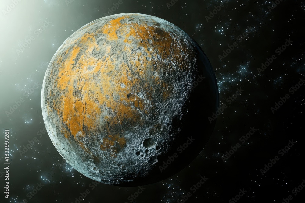 Poster exploring the rugged surface of an alien planet in the depths of space