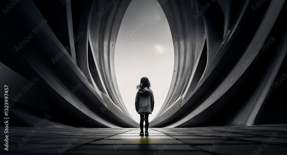 Poster Solitary figure faces grand, abstract architecture. Curved structures in black and white create a dramatic, futuristic scene.