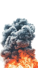 A dramatic explosion creates a towering cloud of smoke and flames against a white backdrop, showcasing the intensity of fire and destruction.