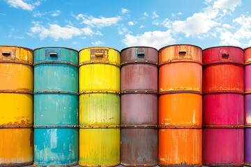 Rows of vibrant cylindrical containers with bright blue sky above