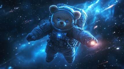 A one-eyed teddy bear dressed in a futuristic astronaut suit, floating in deep space