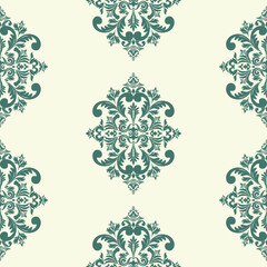 Seamless Damask Ikat floral pattern with elegant green elements. A sophisticated blend of classic Damask and Ikat motifs, for wallpaper, fabric prints, textiles, home decor, upholstery, and  interior.
