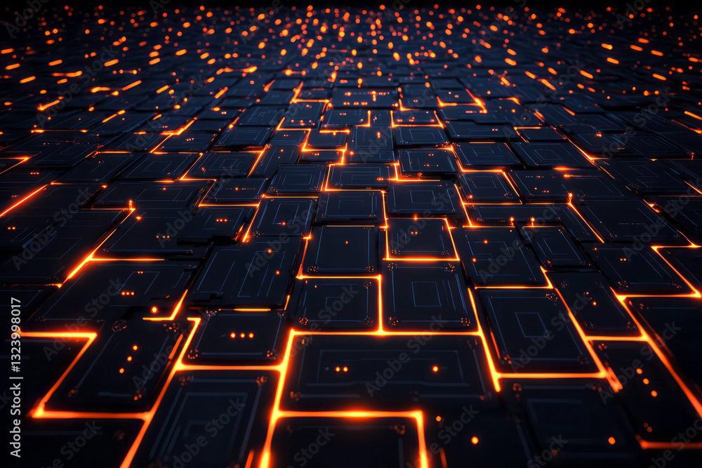 Poster surreal digital mosaic of interlocking circuits with soft gradient overlays and luminous