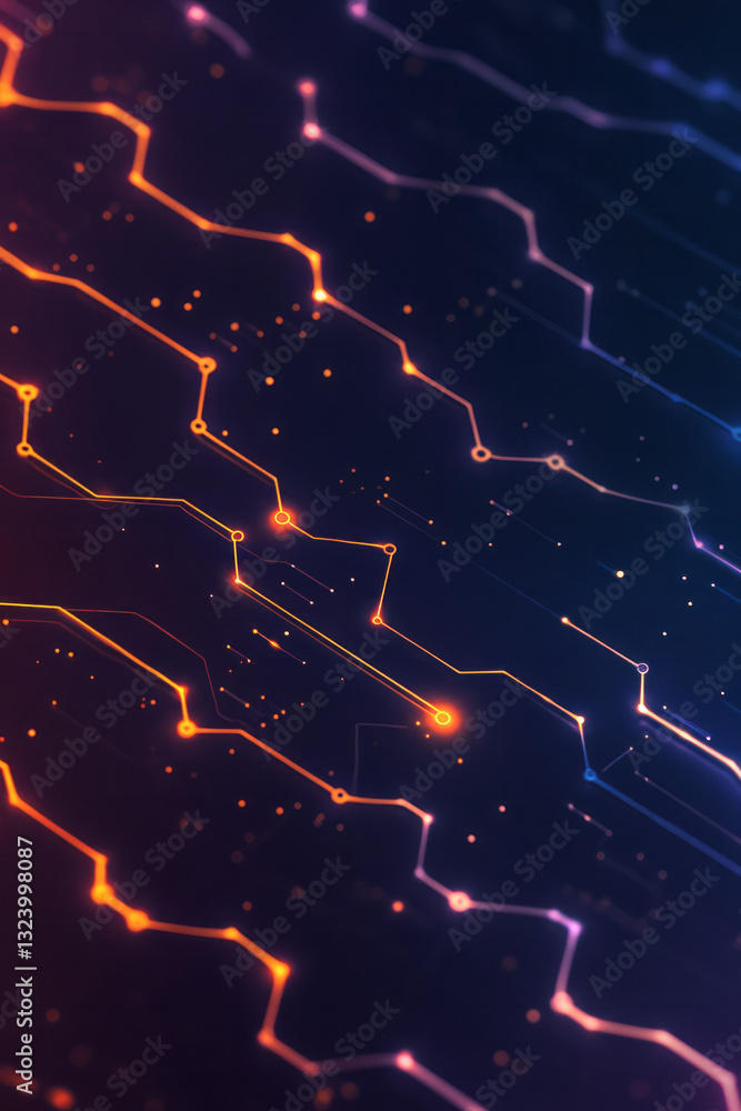 Poster modern infographic-style illustration of interconnected circuit patterns, glowing with a subtle