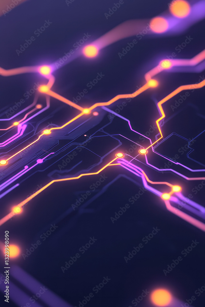 Poster modern infographic-style illustration of interconnected circuit patterns, glowing with a subtle