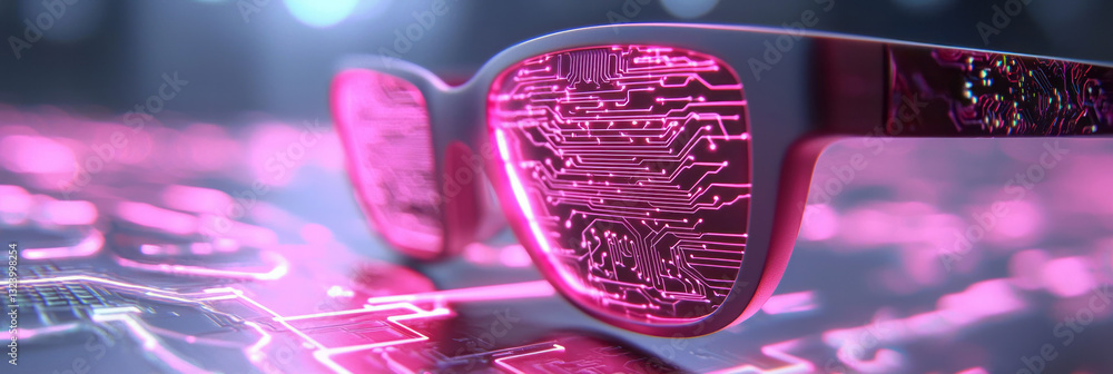 Poster Bold editorial style capturing intricate circuit patterns lit with vibrant neon accents,