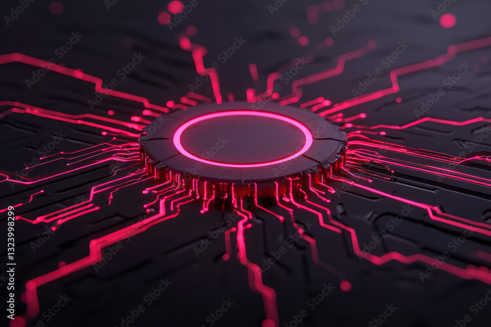 Poster minimalist design showcasing a network of delicate, luminescent circuits radiating outwards, with
