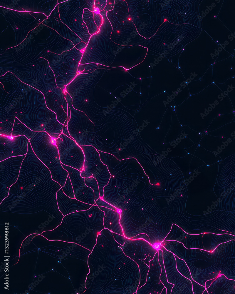 Aufkleber poetic abstract illustration of cascading neon data streams interwoven with glowing circuitry,