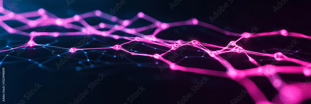 Poster a minimalist digital scene showcasing a complex arrangement of luminous neon lines and nodes