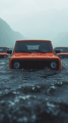 An orange vehicle partially submerged in water, surrounded by a misty landscape, indicating a challenging environment.