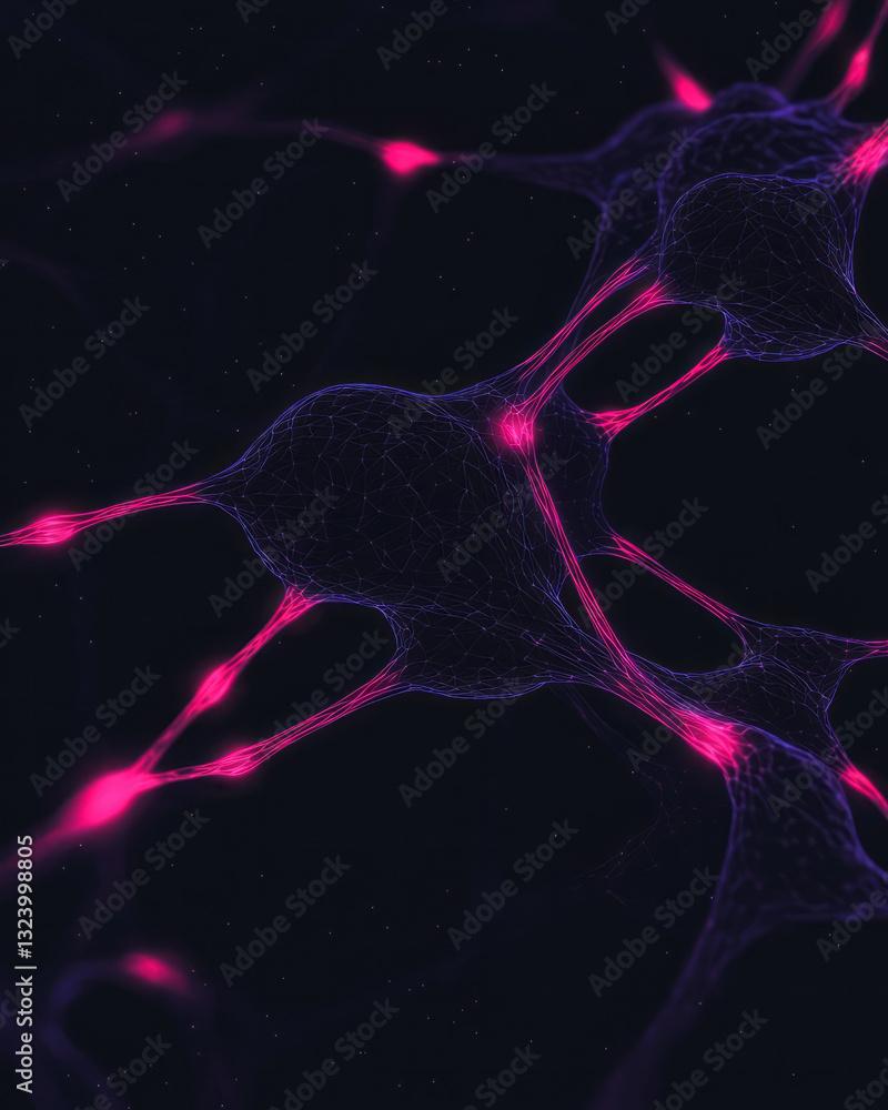 Poster a poetic digital rendering showcasing a glowing, vibrant neural network formed by neon-illuminated