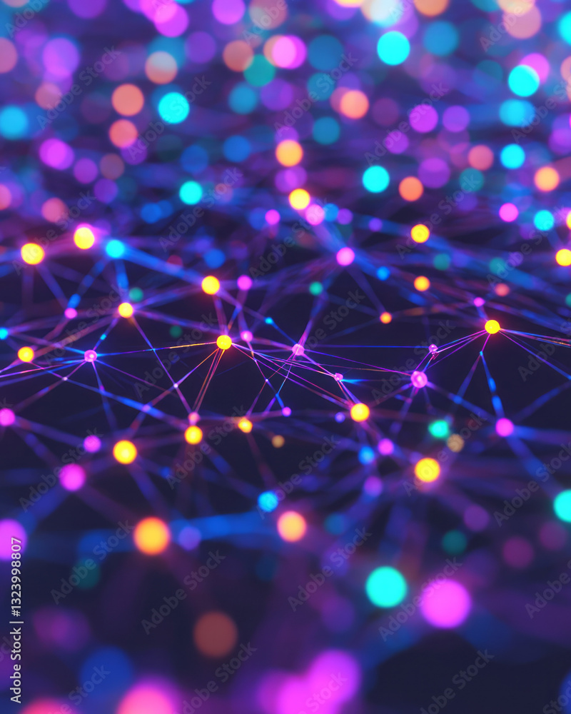 Poster a poetic digital rendering showcasing a glowing, vibrant neural network formed by neon-illuminated