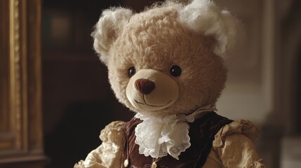 A one-eyed teddy bear in a classic French aristocrat outfit, complete with a powdered wig