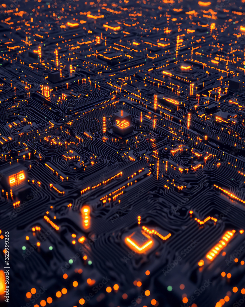 Poster Surreal overhead perspective capturing a dynamic digital intelligence grid, where pulsing lights