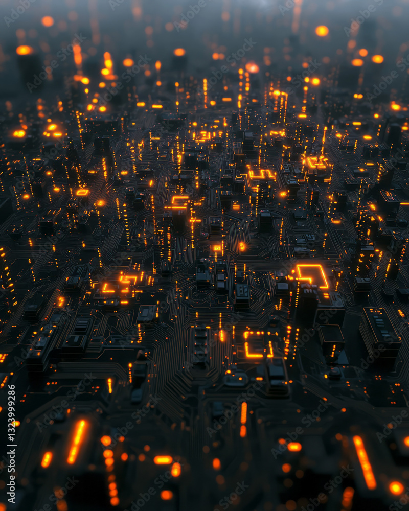 Poster surreal overhead perspective capturing a dynamic digital intelligence grid, where pulsing lights