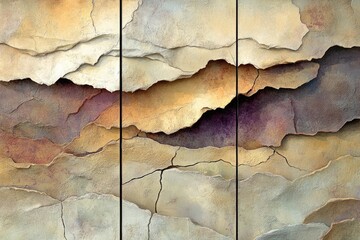 Obraz premium Abstract art depicting layered, textured earth tones; a tripartite composition of cracked, mountainous forms.