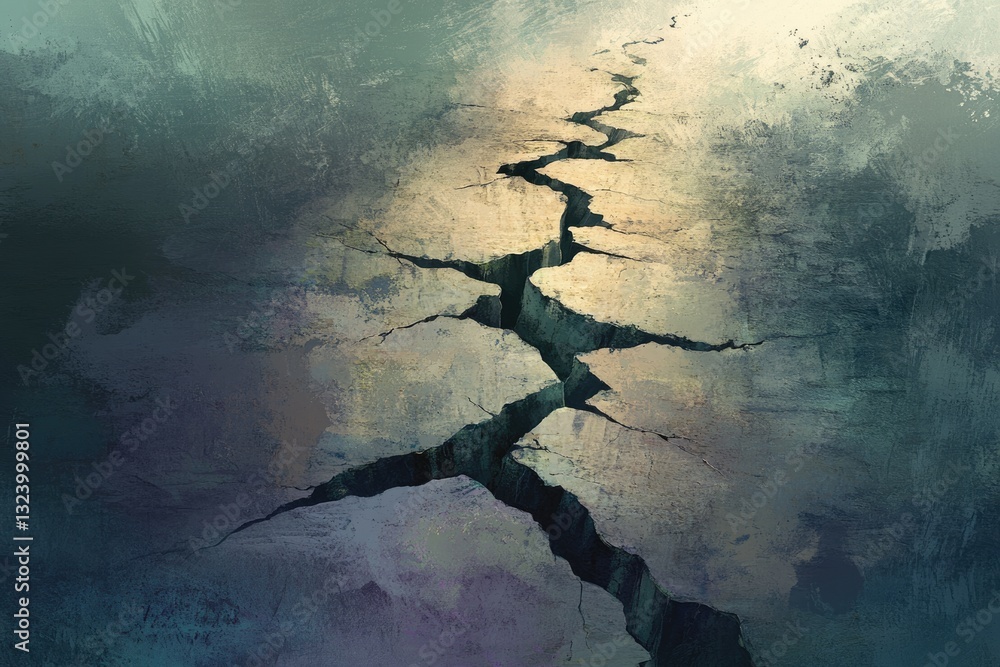 Poster a large crack spreads across a textured surface, creating a dramatic and visually striking image.