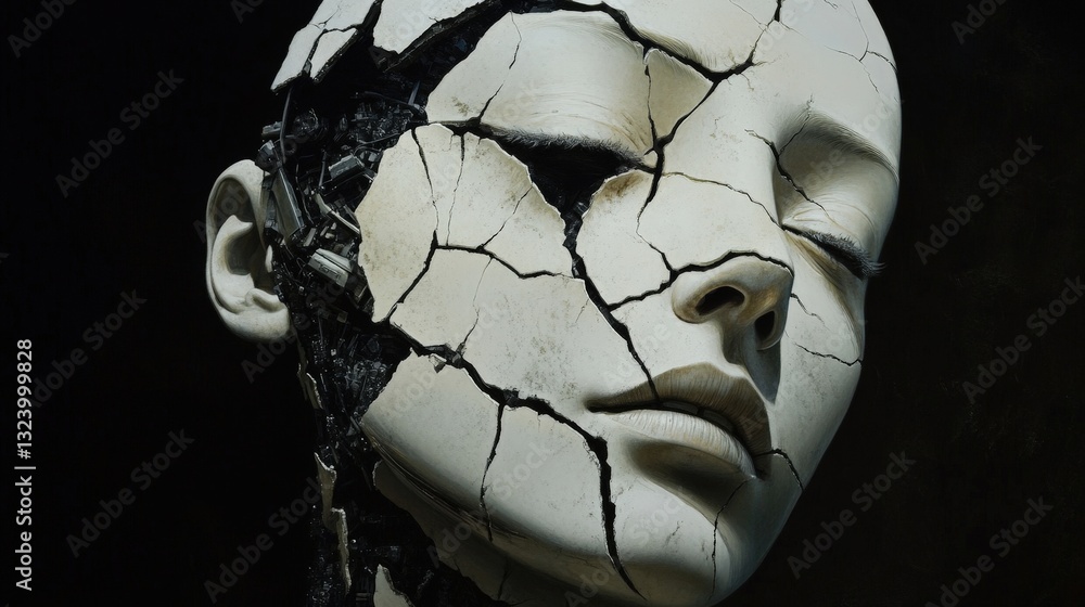 Poster a robotic android whose face is cracked and fractured, yet the symmetrical composition makes it mesm