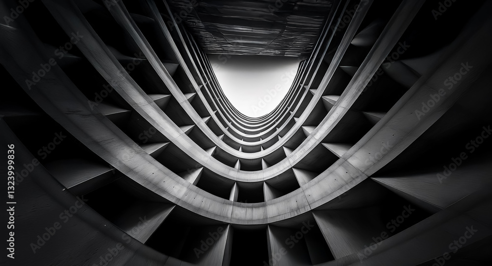 Aufkleber Abstract perspective of a circular architectural structure in monochrome. Repeating geometric shapes create a tunnel-like view leading to a bright opening above.