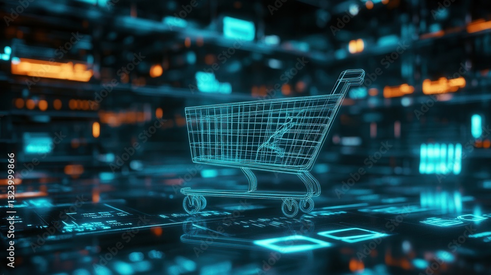 Aufkleber floating futuristic shopping cart in a glowing digital space reflecting cyberpunk aesthetics with ad
