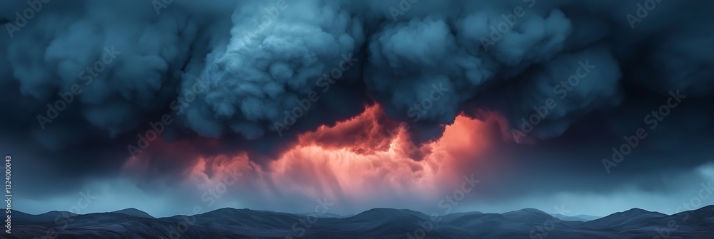 Poster a dramatic sky filled with dark clouds and a hint of fiery orange light peeking through, creating a 