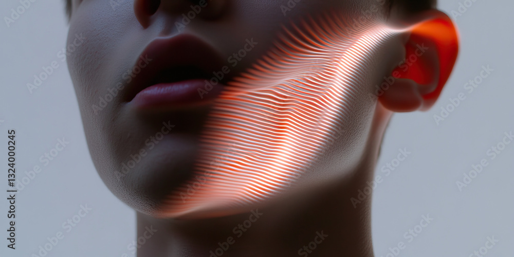 Poster close-up of human face with projected linear pattern