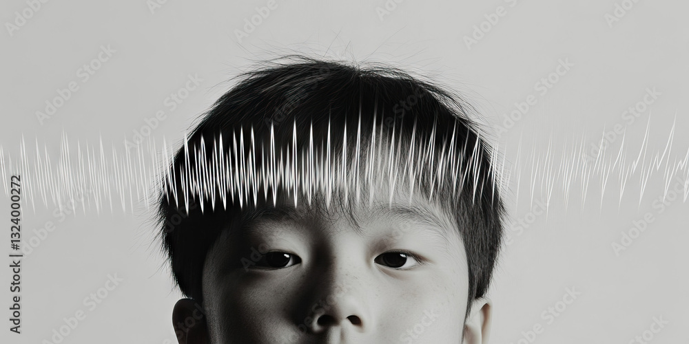 Poster grayscale image of child's face with superimposed waveform