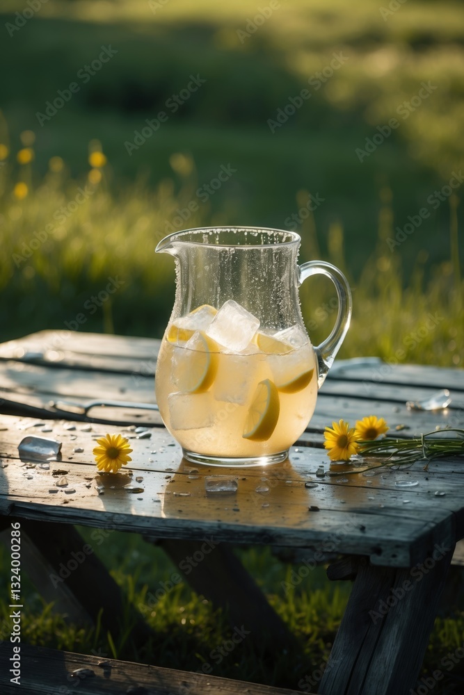 Poster refreshing lemonade pitcher with ice and lemon slices on a wooden table in a sunny outdoor setting