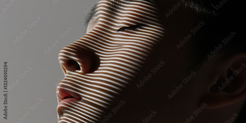 Poster human face with projected linear light patterns