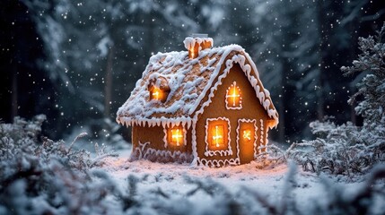 A snow-covered gingerbread house, strangely warm and inviting in a dark, wintery forest