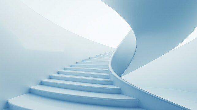 Minimalist White Curved Staircase with Light Blue Background, Modern Architectural Design - Powered by Adobe